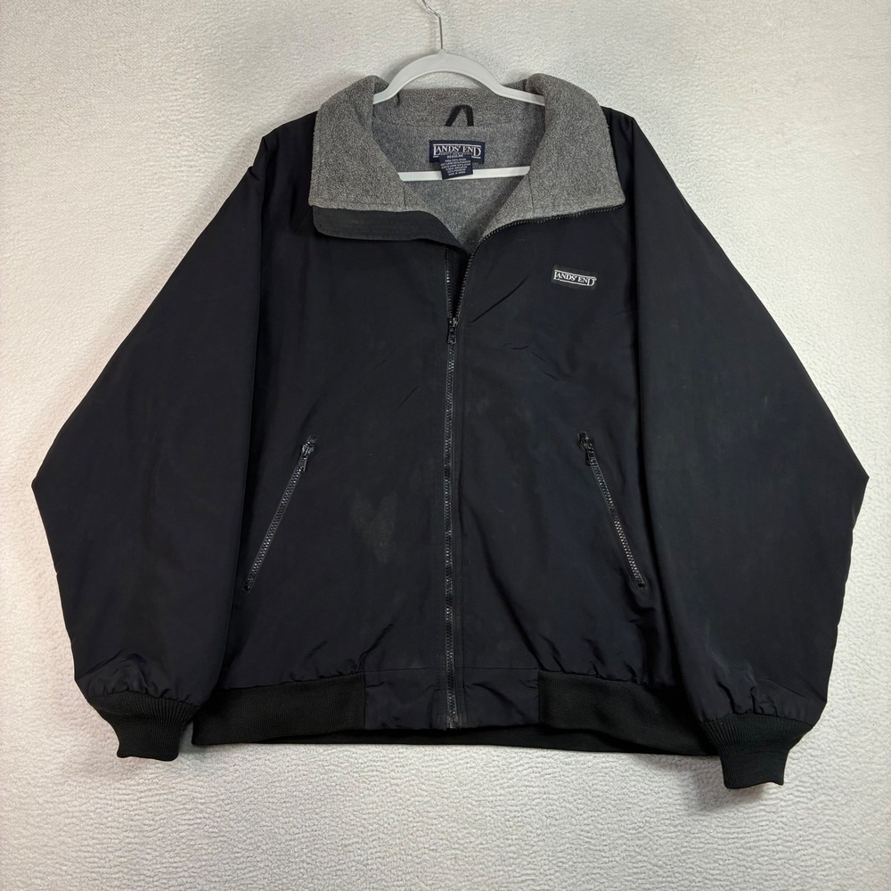 Vintage Lands End Squall Jacket Men L Black Fleece Lined Windbreaker Bomber Y2K